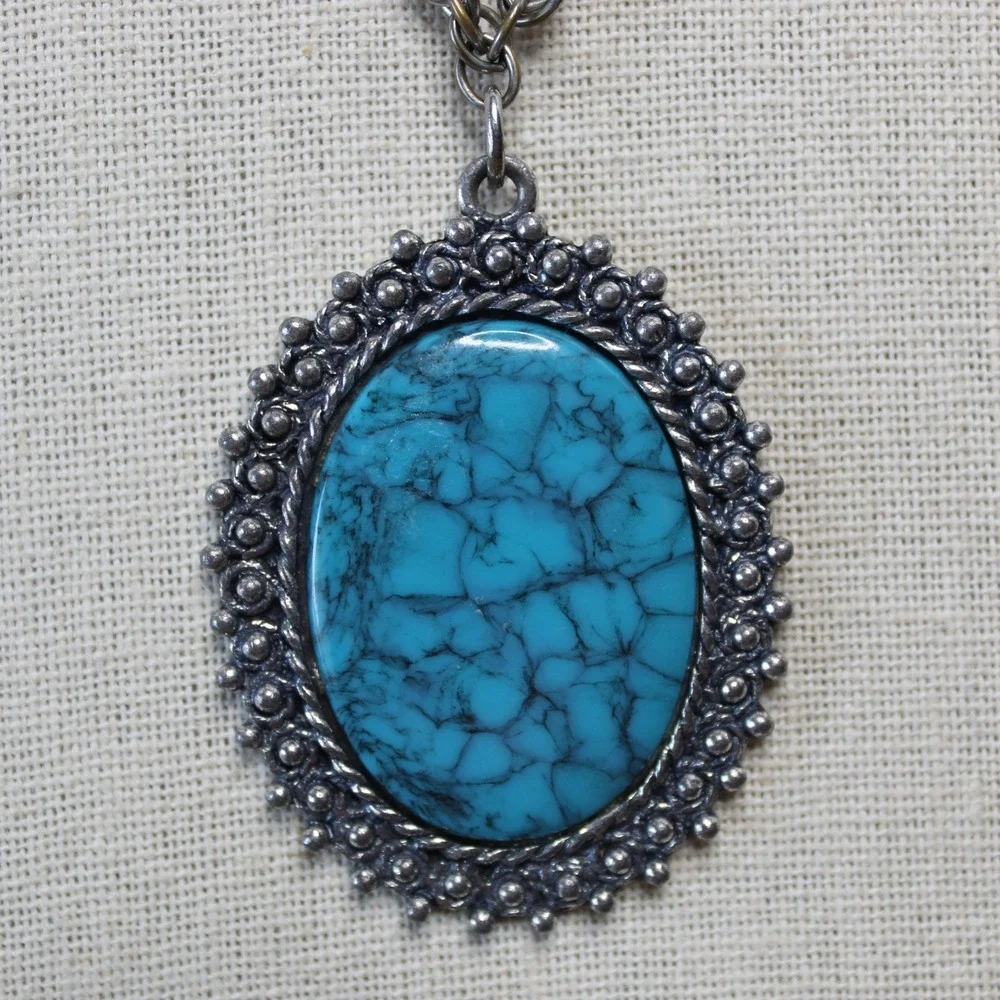 Pancrest Necklace Turquoise Faux Cabochon Pendant 20in Silver Tone Boho Vintage